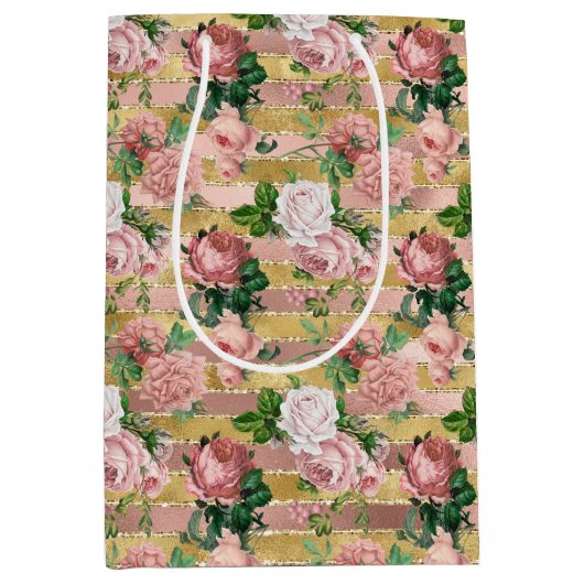 Roos Gouden Glam Glitz Rozen Bloemenstrepen Medium Cadeauzakje (Voorkant)