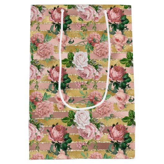 Roos Gouden Glam Glitz Rozen Bloemenstrepen Medium Cadeauzakje (Achterkant)
