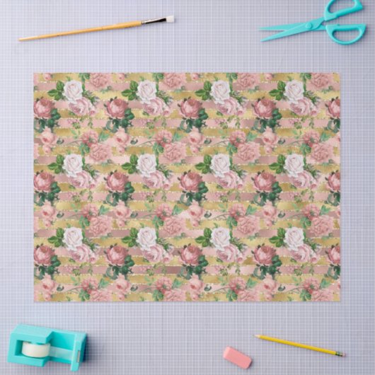 Roos Gouden Glam Glitz Rozen Bloemenstrepen Tissuepapier (Craft)