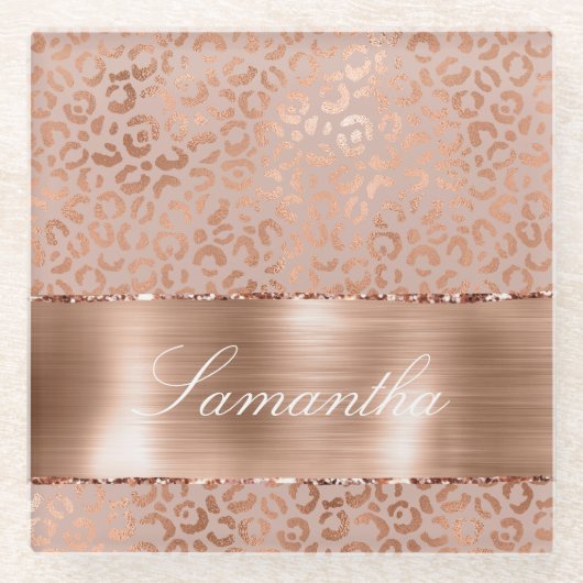 Roos Gouden Glam Leopard Glazen Onderzetter (Voorkant)