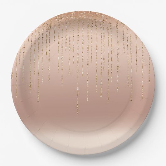 Roos Gouden Glam Perzik Sparkle Strings Bruiloft Papieren Bordje (Voorkant)