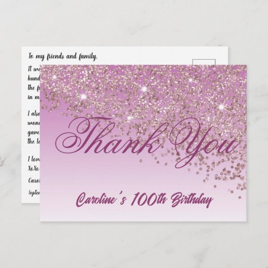Roos Gouden Glitter, 100ste Verjaardag Dank U Briefkaart (Voorkant / Achterkant)