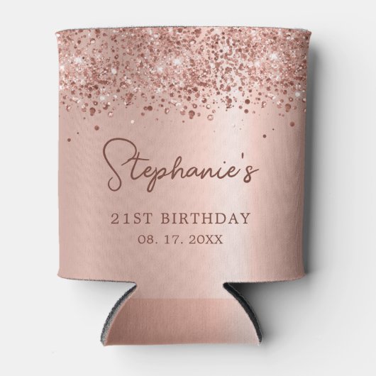 Roos Gouden Glitter 21st Verjaardag Monogram Scrip Blikjeskoeler (Voorkant)