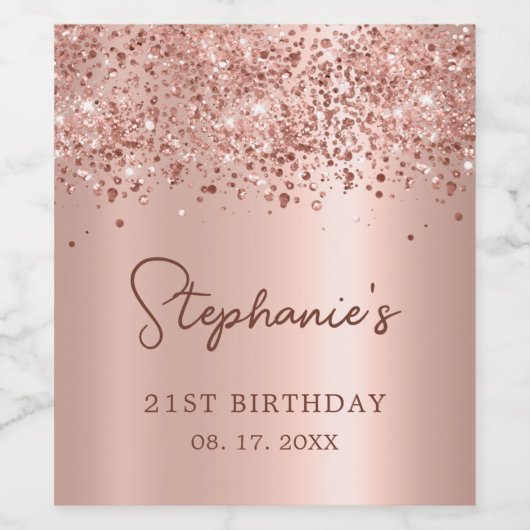 Roos Gouden Glitter 21st Verjaardag Monogram Scrip Wijn Etiket (Enkel label)
