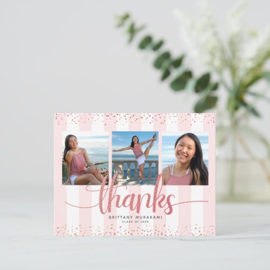 Roos gouden glitter 3 foto afstuderen dank u briefkaart (Staand voorkant)