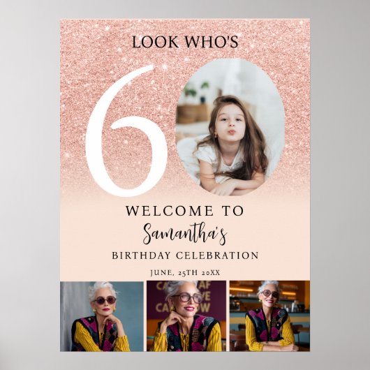 Roos gouden glitter 60e verjaardag 4 Foto Welkom Poster (Voorkant)