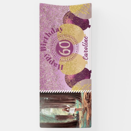 Roos Gouden Glitter 60e Verjaardag & Ballonnen Spandoek (Verticaal)