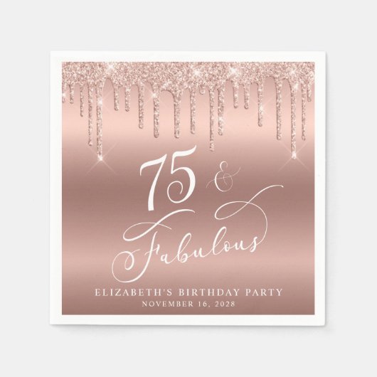 Roos Gouden Glitter 75e Verjaardagsfeestje Servet (Voorkant)
