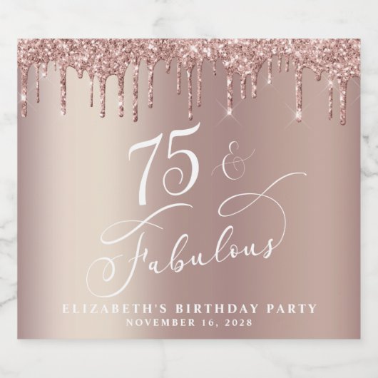 Roos Gouden Glitter 75e Verjaardagsfeestje Sparkling Wijnetiket (Enkel label)