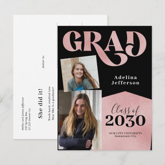 Roos gouden glitter afstuderen voor fotocollage aankondigingskaart (Voorkant / Achterkant)