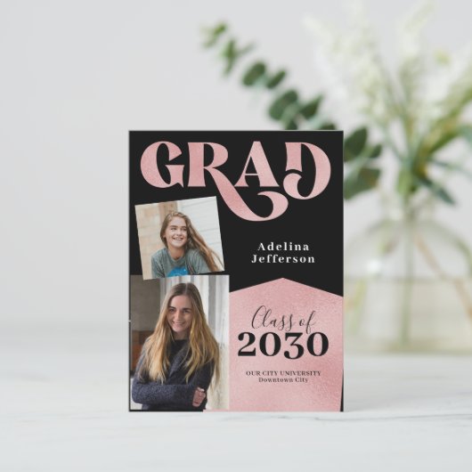 Roos gouden glitter afstuderen voor fotocollage aankondigingskaart (Staand voorkant)