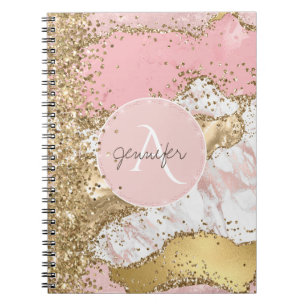 Roos Gouden Glitter Agaat Modern Elegant Monogram Notitieboek