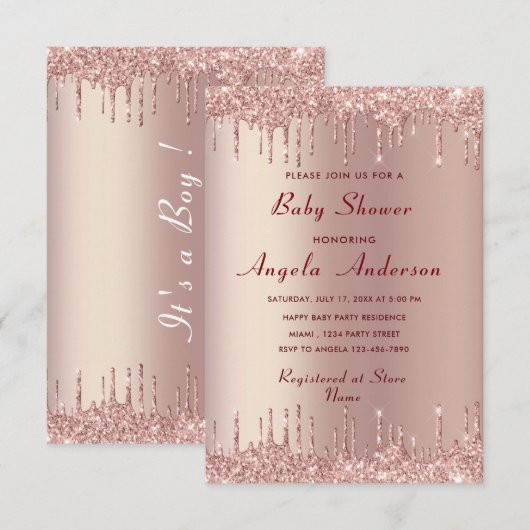 Roos Gouden Glitter Baby shower Uitnodiging Sjablo (Voorkant / Achterkant)