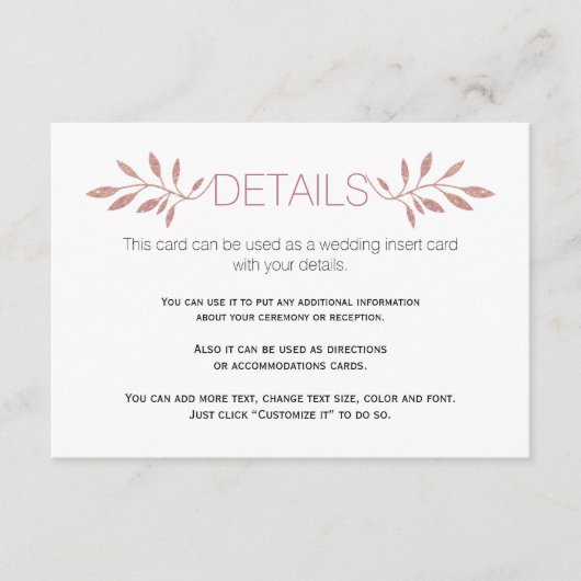 Roos gouden glitter bladeren bruiloft invoegen kaa informatiekaartje (Voorkant)