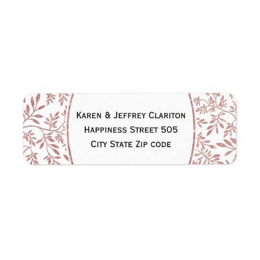 Roos gouden glitter bladeren patroon, lijst bruilo etiket (Voorkant)