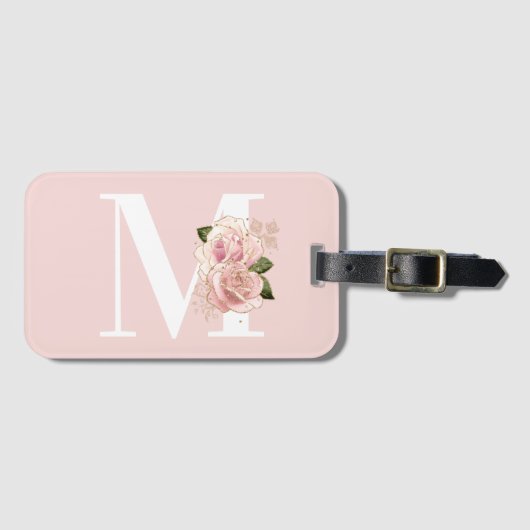 Roos Gouden Glitter Bloemblush en Wit Monogram Bagagelabel (Voorkant (horizontaal))