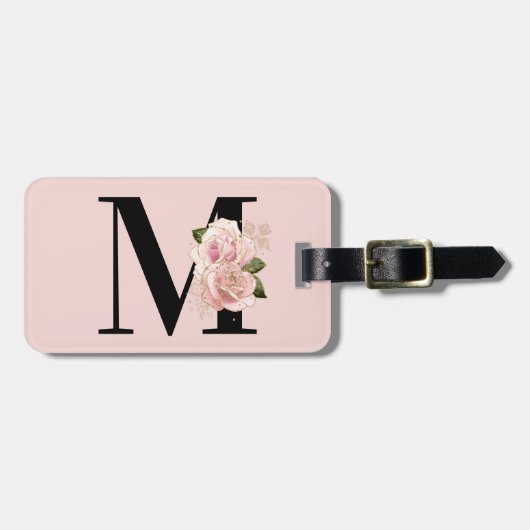 Roos Gouden Glitter Bloemblush en Zwart Monogram Bagagelabel (Voorkant horizontaal)