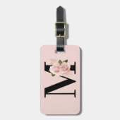 Roos Gouden Glitter Bloemblush en Zwart Monogram Bagagelabel (Voorkant verticaal)