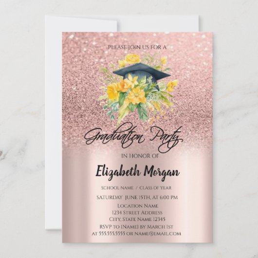 Roos Gouden Glitter Bloemen Afstudeerder Pet Afstu Kaart (Voorkant)