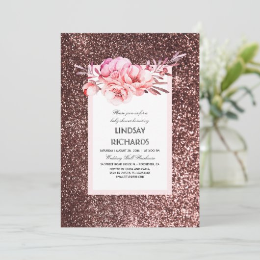 Roos Gouden Glitter  Bloemen baby shower Kaart (Staand voorkant)