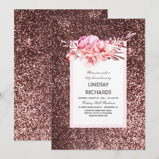 Roos Gouden Glitter  Bloemen baby shower Kaart (Voorkant / Achterkant)