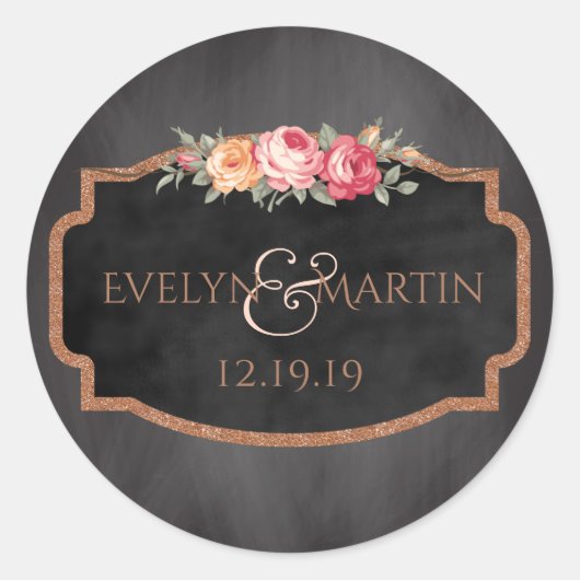 Roos Gouden Glitter Bloemen Chalkboard bruiloft gu Ronde Sticker (Voorkant)