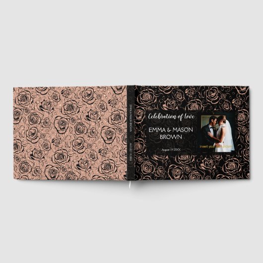Roos Gouden Glitter Bloemen op Zwart Gastenboek (Volledig)