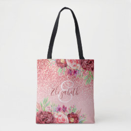 Roos Gouden Glitter Blush Bourgondië Floral Monogr Tote Bag