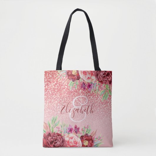 Roos Gouden Glitter Blush Bourgondië Floral Monogr Tote Bag (Voorkant)