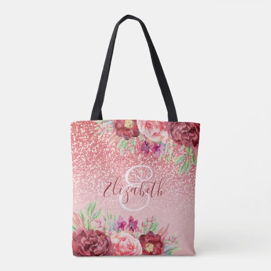 Roos Gouden Glitter Blush Bourgondië Floral Monogr Tote Bag (Achterkant)