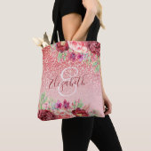 Roos Gouden Glitter Blush Bourgondië Floral Monogr Tote Bag (Dichtbij)