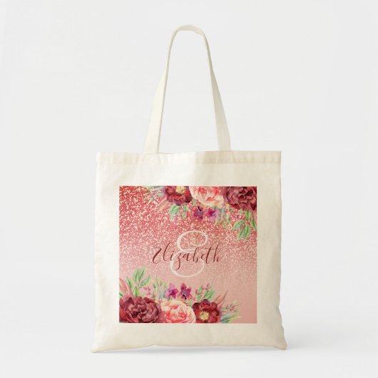 Roos Gouden Glitter Blush Bourgondië Floral Monogr Tote Bag (Voorkant)