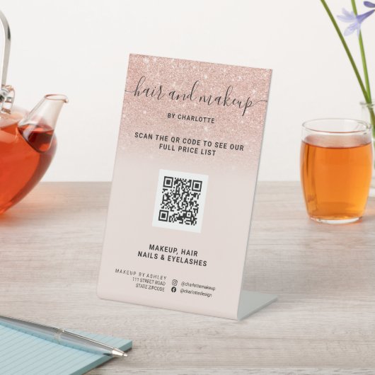 Roos gouden glitter blush make-up digitale QR prij Reclamebord Met Voetstuk (Insitu)