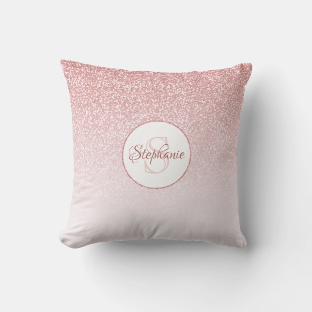 Roos gouden glitter blush ombre ronde monogram kussen (Voorkant)