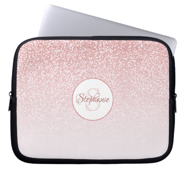 Roos gouden glitter blush ombre ronde monogram laptop sleeve (Voorkant)