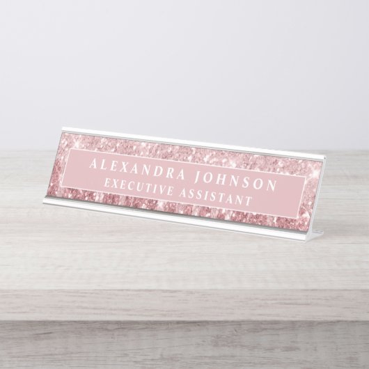 Roos gouden glitter | Blush Pink Sparkle Modern Bureau Naambordje (Voorkant)