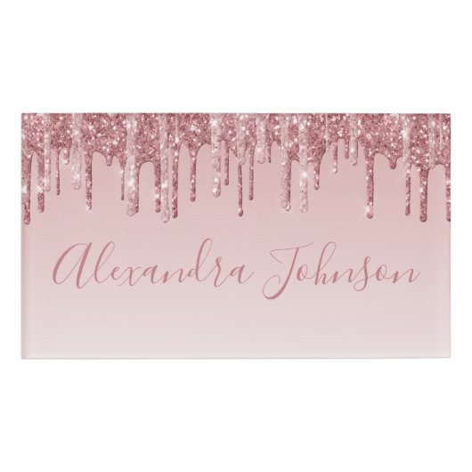 Roos gouden glitter | Blush Pink Sparkle Modern Naambadge (Voorkant)