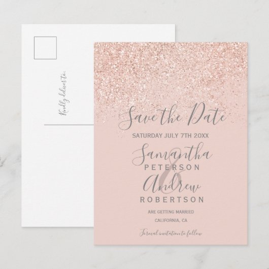 Roos gouden glitter blush roze elegant opslaan van aankondigingskaart (Voorkant / Achterkant)