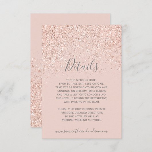 Roos gouden glitter blush roze grijs bruiloft deta informatiekaartje (Voorkant / Achterkant)