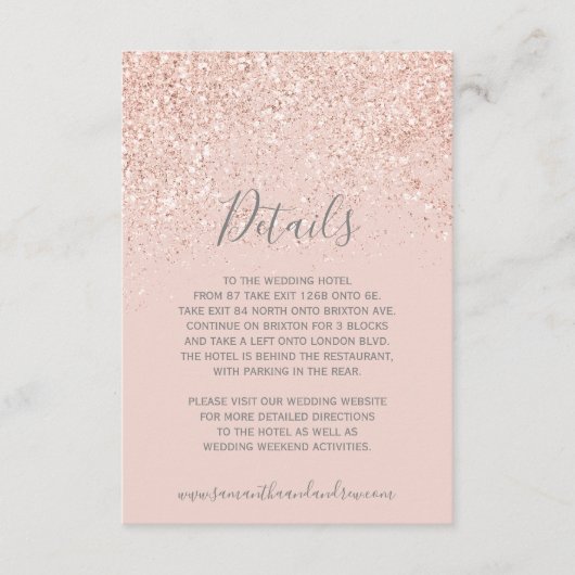 Roos gouden glitter blush roze grijs bruiloft deta informatiekaartje (Voorkant)