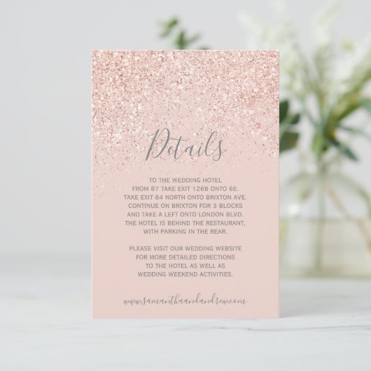 Roos gouden glitter blush roze grijs bruiloft deta informatiekaartje (Staand voorkant)