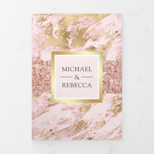 Roos gouden glitter blush roze marmer foto bruilof drieluik uitnodiging (Cover)