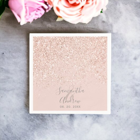 Roos gouden glitter blush roze typografie bruiloft servet