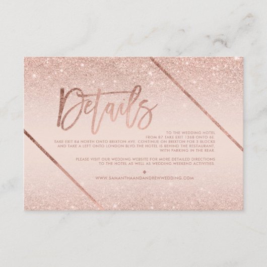 Roos gouden glitter blush script bruiloft richting informatiekaartje (Voorkant)