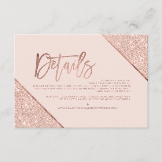 Roos gouden glitter blush script bruiloft richting informatiekaartje (Voorkant)
