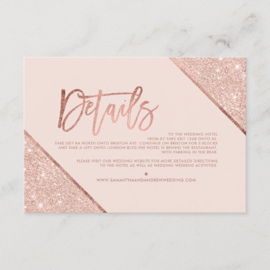 Roos gouden glitter blush script bruiloft routebes informatiekaartje (Voorkant)