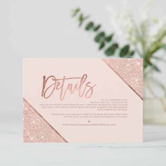 Roos gouden glitter blush script bruiloft routebes informatiekaartje (Staand voorkant)