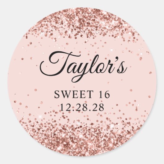 Roos Gouden Glitter Blush Sweet 16 Ronde Sticker (Voorkant)