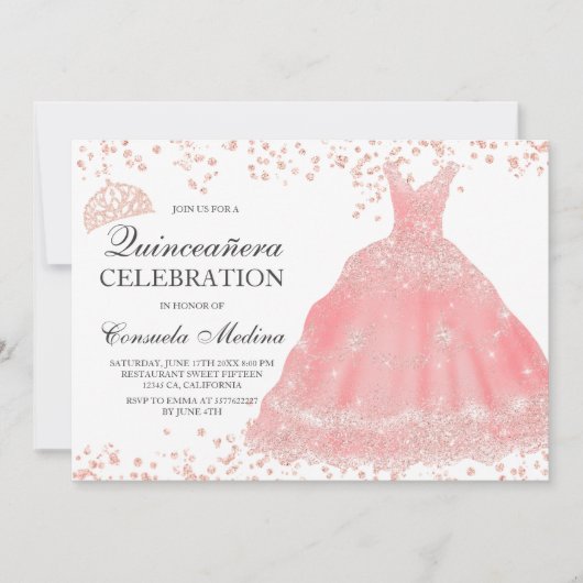 Roos gouden glitter blush tiara jurk Quinceañera Kaart (Voorkant)