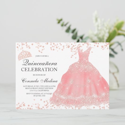 Roos gouden glitter blush tiara jurk Quinceañera Kaart (Staand voorkant)